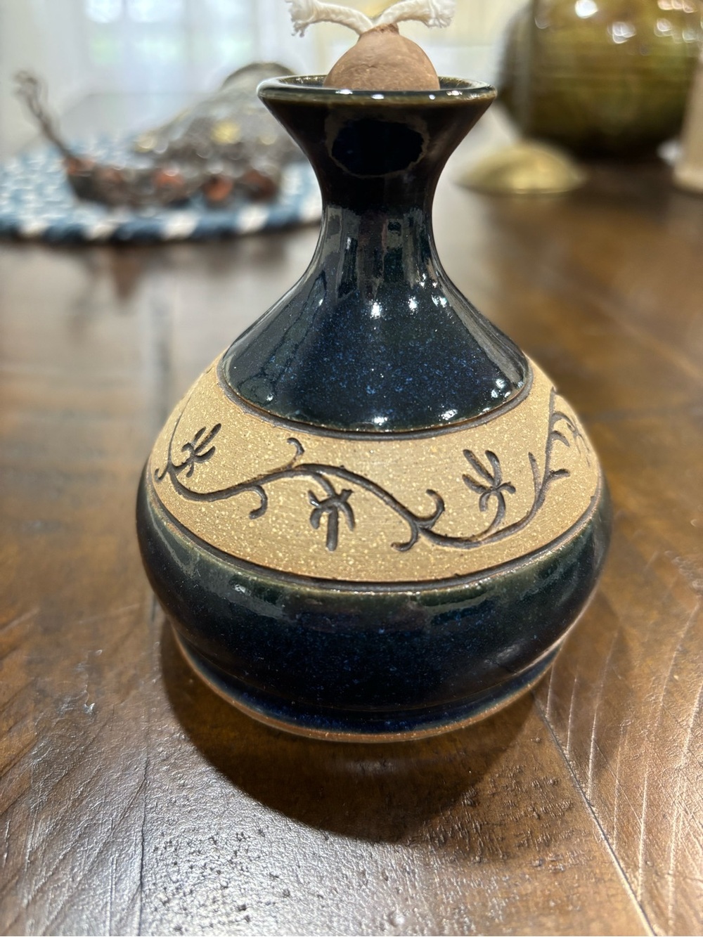 Handcrafted Studio Oil Lamp Vase with Sandstone Band - Deep Blue Signed